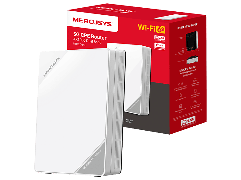 Mercusys MB520-5G WiFi 6 2402 Mbps Ranura Nano SIM Puerto LAN/WAN 2.5G Hasta 256 Dispositivos Compatible con EasyMesh y VoLTE Blanco