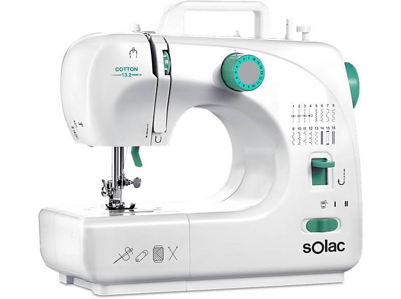 Solac SW8231 16 puntadas. ojal brazo libre carga vertical con y sin pedal asa de transporte. 2 bobinas - agujas blanco