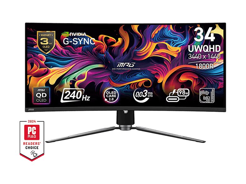 MSI MPG 341CQPX QD-OLED 34.18 UWQHD 240 Hz 0.03 ms GTG OLED Curvo G-Sync Compatible DisplayHDR True Black 400 Negro