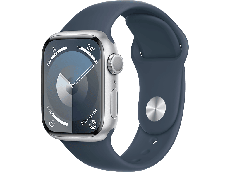 Apple Watch Series 9 (2023) GPS 41 mm Gesto de doble toque Caja de aluminio plata Correa deportiva azul tempestad Talla M/L