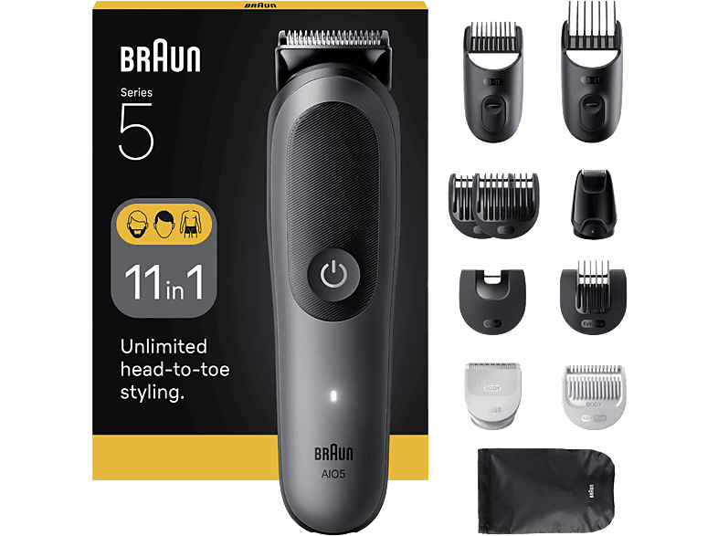 Braun Todo En Uno Series 5 AIO5560 Kit De Styling 11 en 1 Lámina Afilada 14 Longitudes Barba Pelo y Cuerpo Gris