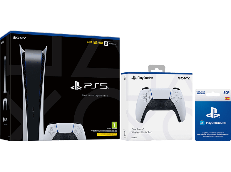 Sony PS5 Digital Edition C 825 GB 4K HDR Blanco + 1 Mando DualSense™ Extra + Tarjeta 50€ PS Store