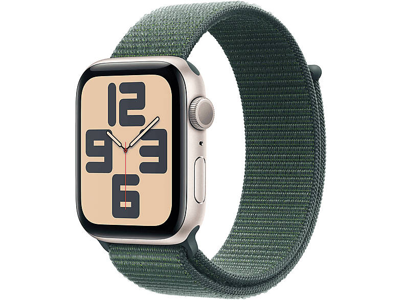 Apple Watch SE (2024) GPS 44 mm Caja de aluminio Blanco estrella Vidrio delantero Ion-X Correa Loop deportiva Verde lago