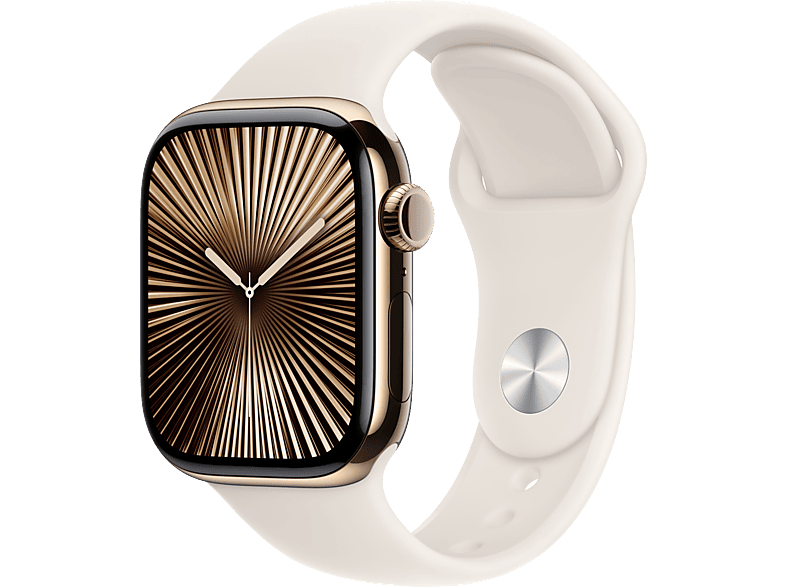 Apple Watch Series 10 (2024) GPS + Cellular 42 mm Gesto de doble toque Caja de titanio Oro Correa deportiva Blanco estrella Talla S/M