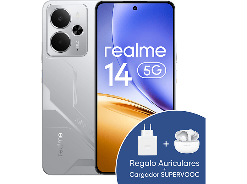 realme 14 Mecha Silver 256 GB 12 GB RAM 6.67 AMOLED Snapdragon 6 Gen 4 5G Chipset 6000 mAh Incluye Cargador y Buds