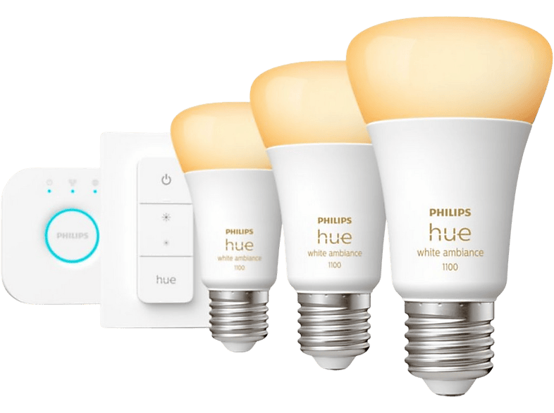 Philips Hue Kit de inicio E27 8W Luz Blanca Fría a Cálida,3 bombillas LED + Interruptor + Hue Bridge