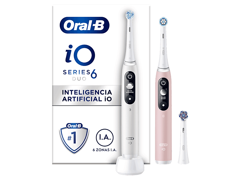 Oral-B iO 6S Pack doble 5 modos Pantalla interactiva Sensor de presión Blanco y rosa