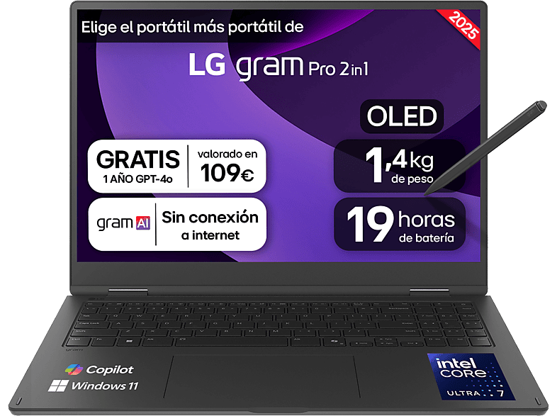 LG 16T90TP-K.AD88B 16 WQXGA+ Intel® Evo™ Edition Core™ Ultra 7-255H 32 GB RAM 1 TB SSD Arc™ GPU W11H