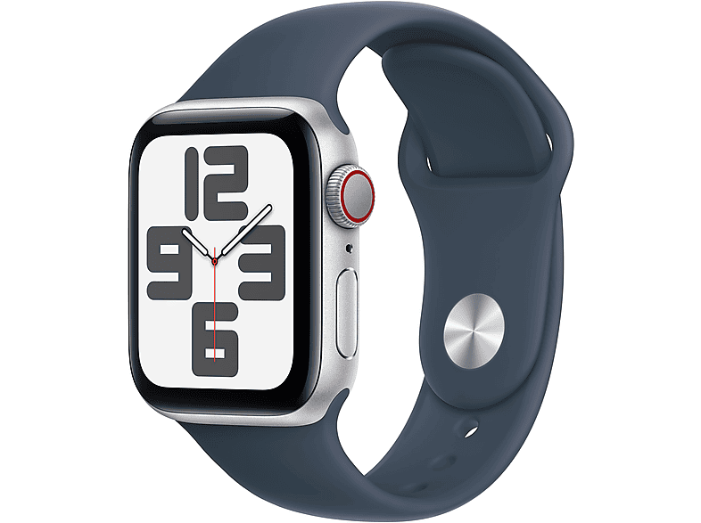 APPLE Watch SE (2023) GPS+CELL 40 mm Caja de aluminio plata Vidrio delantero Ion-X Talla S/M Correa deportiva azul tempestad