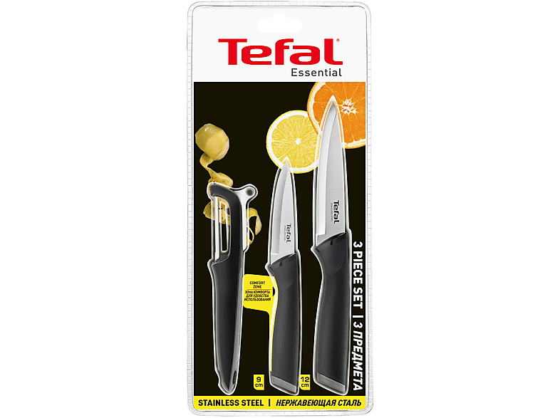 Tefal K2213S Essential 3 piezas Cuchillo pelador Cuchillo multiusos Pelador Acero inoxidable Mango ergonómico Negro