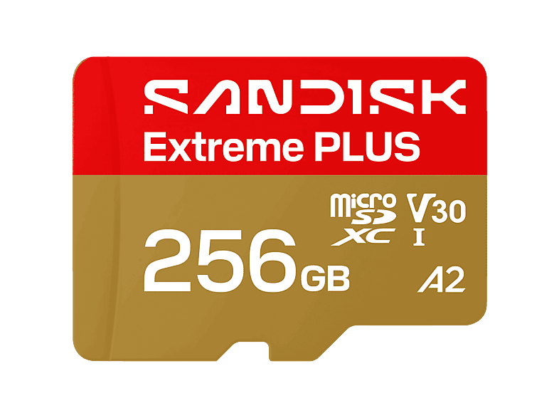 SANDISK Extreme PLUS 256 GB Hasta 250 MB/s de lectura 5K y 4K UHD V30 A2 U3 UHD-I Adaptador SD Oro