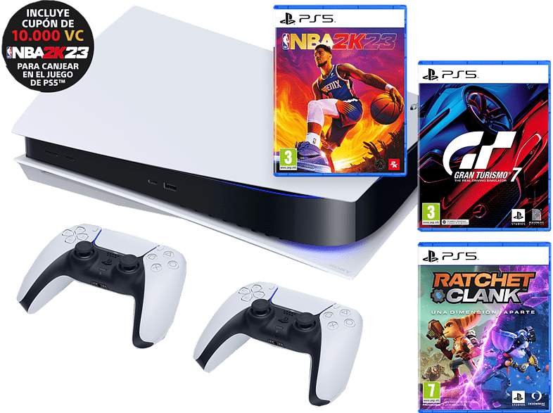 Sony PS5 Stand C 825 GB (2 Mandos DualSense™ Blancos incluidos) + NBA 2K23 + Gran Turismo 7 + Ratchet & Clank