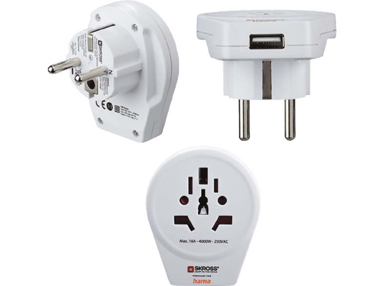 World to Europe Hama 1 entradas USB 250 V Compatible con hasta 200 países Blanco