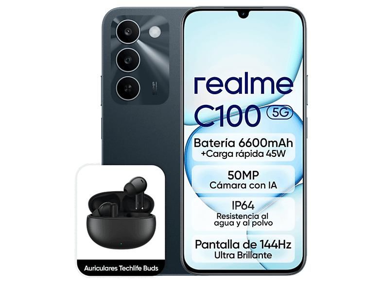 realme C100 Sprouting Green 256GB 4GB RAM 6.8 HD+ Dimensity 6300 6600mAh Incluye Auriculares realme Techlife Buds