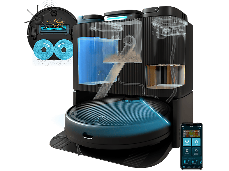 Cecotec Conga 11090 Spin Revolution Home&Wash Base de autovaciado 2 mopas giratorias Autolimpieza 3 tanques 140 min Black