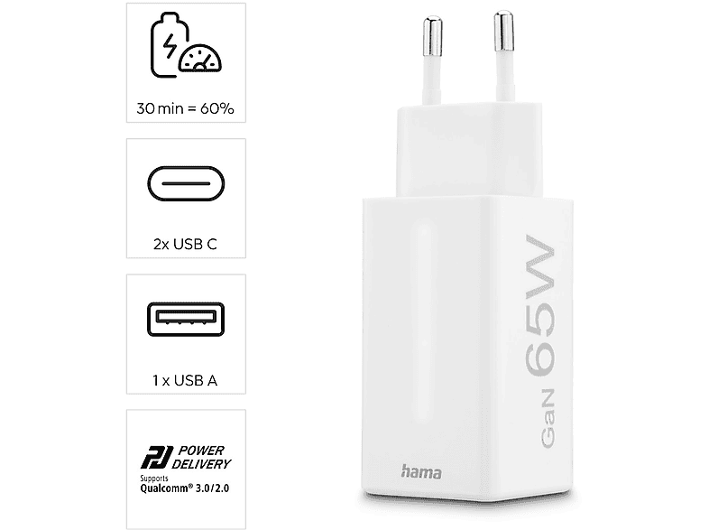 Hama 00201996 Universal 2xUSB-C+ 1xUSB-A 65W 220V Enchufe Europeo Blanco