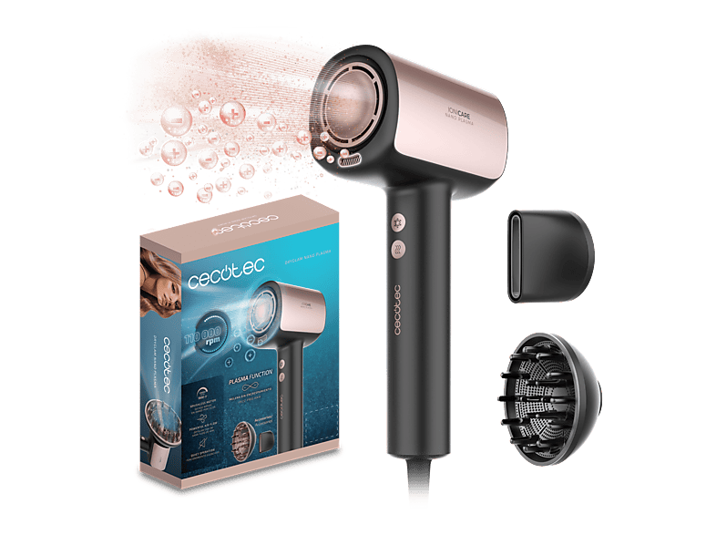 Cecotec DryGlam Nano Plasma 1600W 3 velocidades 3 temperaturas Concentrador Difusor 110.000 RPM Función plasma Negro
