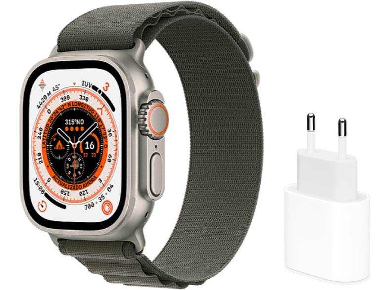 APPLE Watch Ultra (2022) GPS + Cellular 49 mm Caja de titanio Cristal de zafiro Verde + Adaptador de corriente USB-C de 20 W