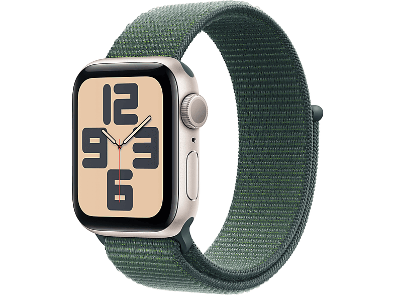 Apple Watch SE (2024) GPS 40 mm Caja de aluminio Blanco estrella Vidrio delantero Ion-X Correa Loop deportiva Verde lago