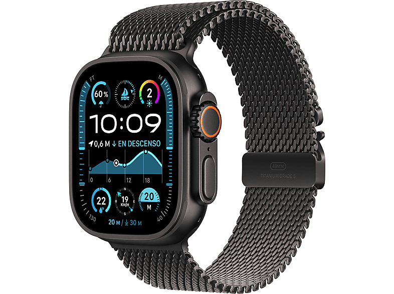 Apple Watch Ultra 2 (2024) GPS + Cellular 49 mm Caja de Titanio Negro Gesto doble toque Correa Titanium Milanese Loop Negra Talla L