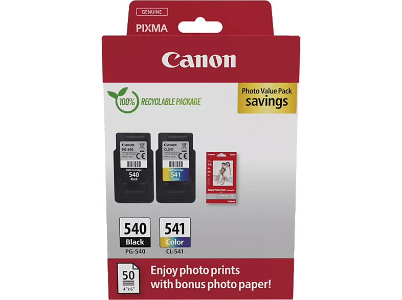 Canon PG-540/CL-541 8 ml 180 páginas por cartucho 50 Hojas Papel Fotográfico Satinado Negro Color (cian magenta amarillo)