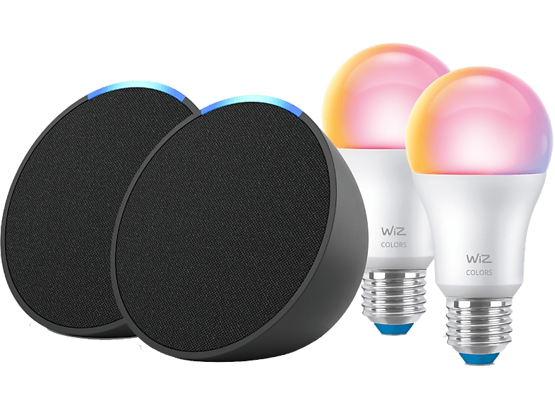 Amazon Echo Pop + Bombilla Wiz Pack 2 Echo Pop + 2 Bombillas WiZ Bluetooth con Alexa de Sonido Potente y Compacto Negro