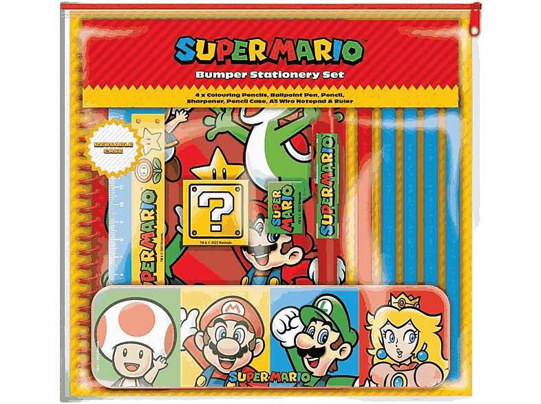 Super Mario: estuche cuaderno A5 4 lápices de colores bolígrafo lápiz regla y sacapuntas