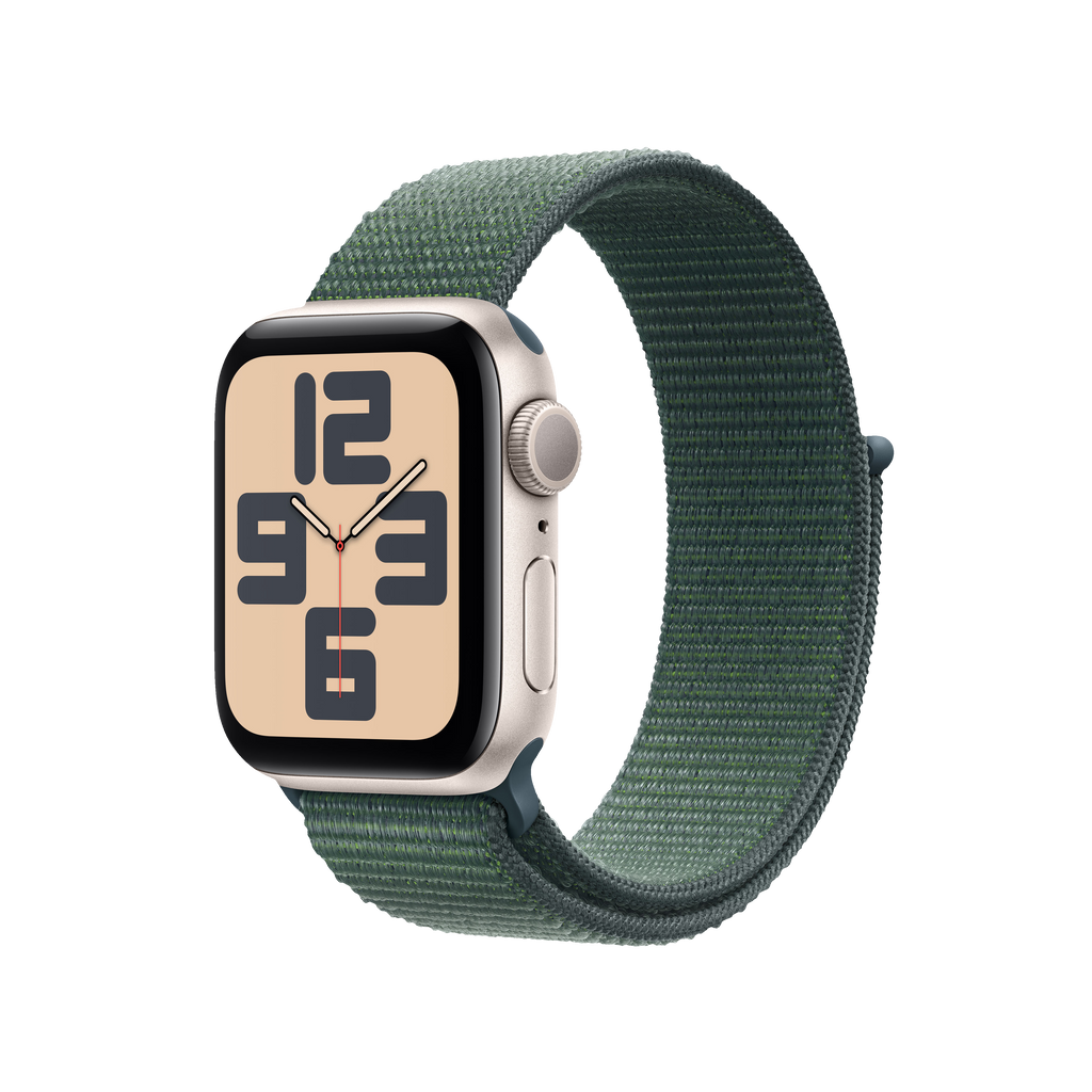 Apple Watch SE (2024) GPS + Cellular 40 mm Caja de aluminio Blanco estrella Vidrio delantero Ion-X Correa Loop deportiva Verde lago