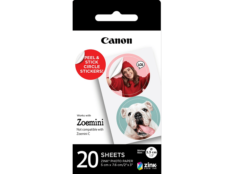 Canon Zink Paper ZP-2030-2C-20 20 Hojas de pegatinas redondas Resistente al agua Blanco