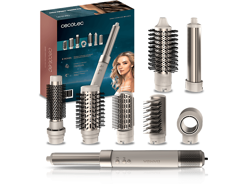 Cecotec Bamba CeramicCare AirGlam W Tecnología iónica 8 en 1 3 velocidades 3 temperaturas 8 accesorios Coanda Cerámico White Gold