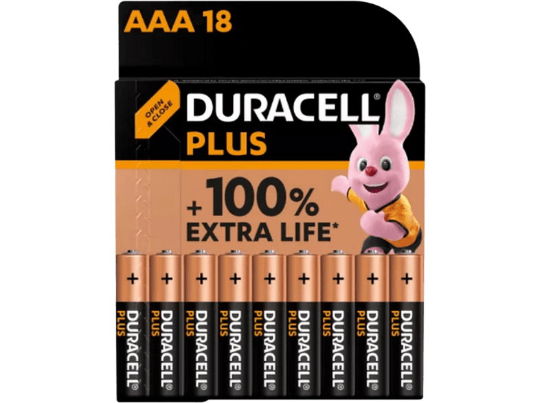 Duracell PLUS MN2400 AAA LR03 / LR3 Alcalinas  1.5 V Paquete de 18 pilas Negro