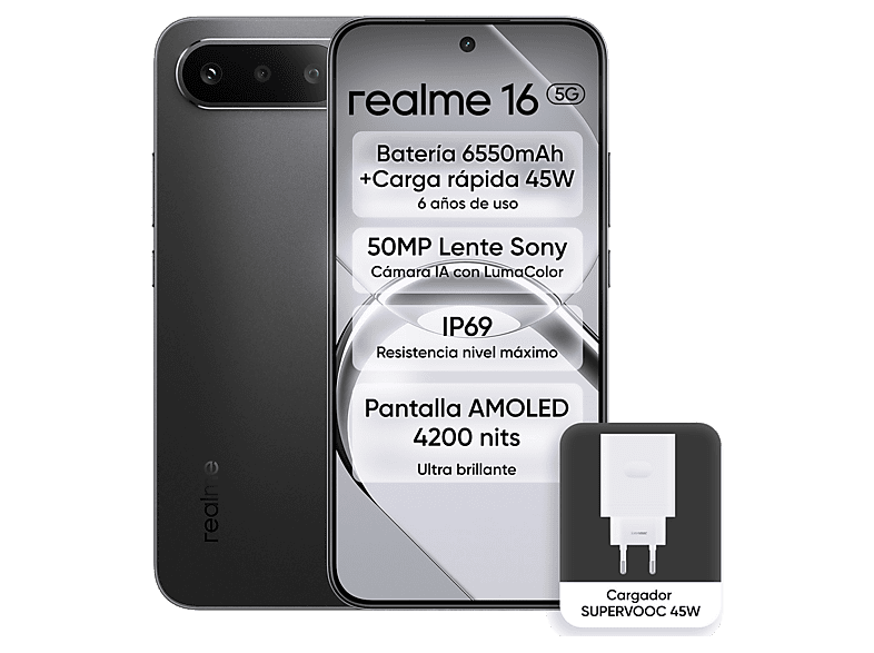realme 16 Negro 256GB 8GB RAM 6.57 FHD FOLED D6400 Turbo 6550mAh