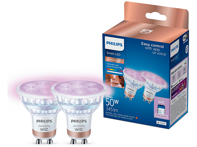 Philips  PHI WFB 50W GU10 GLASS 922-65 RGB 2PF/6 Luz blanca y multicolor Pack 2 Blanco