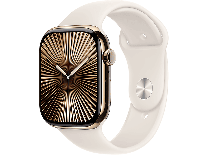 Apple Watch Series 10 (2024) GPS + Cellular 46 mm Gesto de doble toque Caja de titanio Oro Correa deportiva Blanco estrella Talla S/M