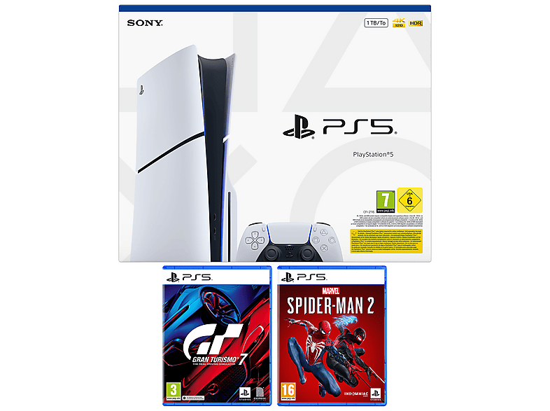 Sony PS5 Slim Standard 1 TB SSD 1 mando Chasis E Blanco + Gran Turismo 7 + Marvel's Spider-Man 2