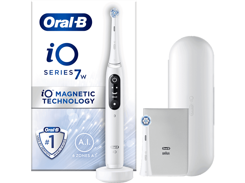 Oral-B iO 7W Con 2 Cabezales 1 Estuche De Viaje Y 1 Funda Para Cargador Diseñado por Braun Blanco