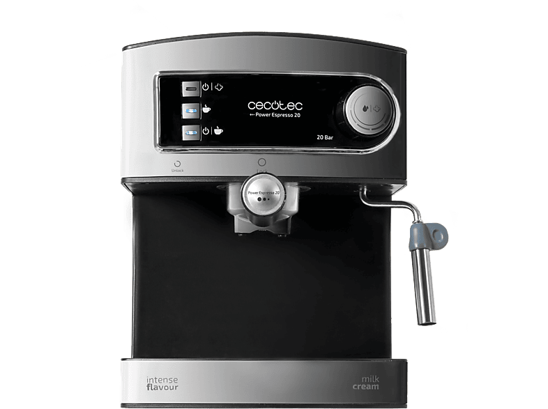 Cecotec Power Espresso 20 850W Presión 20 bares Depósito 1.5L Brazo doble salida Vaporizador Inox
