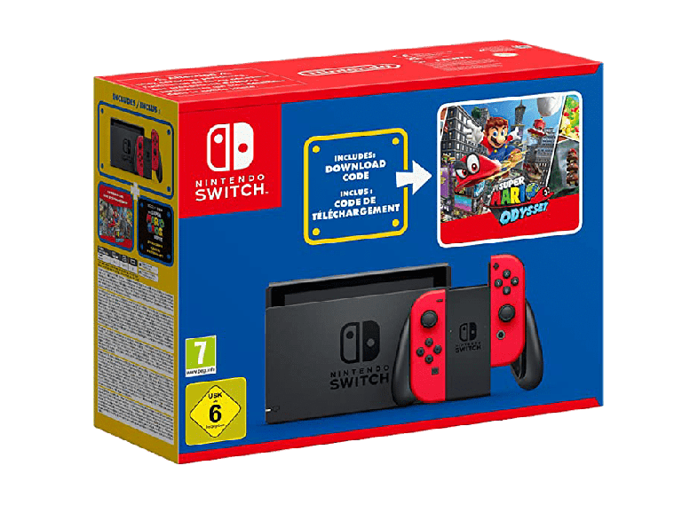 Nintendo Switch con mandos Joy-Con Rojos Super Mario Odyssey en código descargable y hoja de pegatinas Ed. Limitada 32 GB Negro