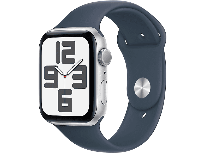 APPLE Watch SE (2023) GPS 44 mm Caja de aluminio plata Vidrio delantero Ion-X Talla S/M Correa deportiva azul tempestad