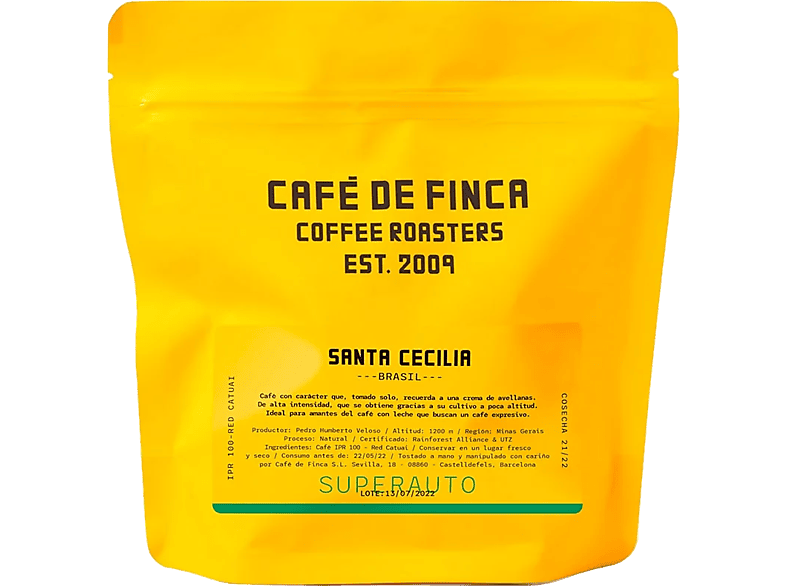 Café de Finca Brasil Santa Cecilia IPR 100 – Red Catuai Crema avellana Intensidad alta Apto para Cafeteras Superautomáticas 250 g