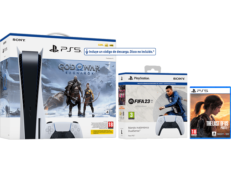 Sony PS5 Stand C 825 GB (2 Mandos DualSense™ incluidos) + God Of War: Ragnarok (descarga) + FIFA 23 (descarga) + The Last Of Us: Part I