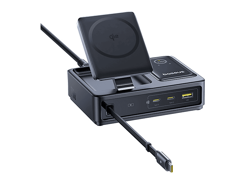 Baseus NOMOS 5 en 1 Con carga inalámbrica Qi2 140W Cable retráctil y pantalla digital 5 dispositivos a la vez Universal Black