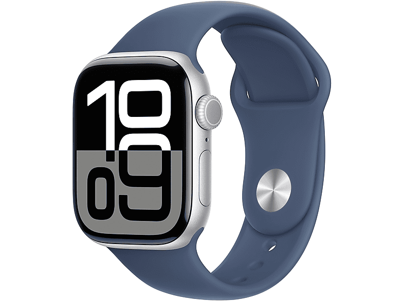 Apple Watch Series 10 (2024) GPS 42 mm Gesto de doble toque Caja de aluminio plata Correa deportiva Azul denim Talla M/L