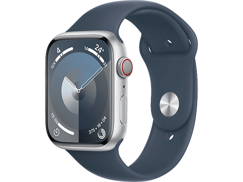 Apple Watch Series 9 (2023) GPS+CELL 45 mm Gesto de doble toque Caja de aluminio plata Correa deportiva azul tempestad Talla M/L