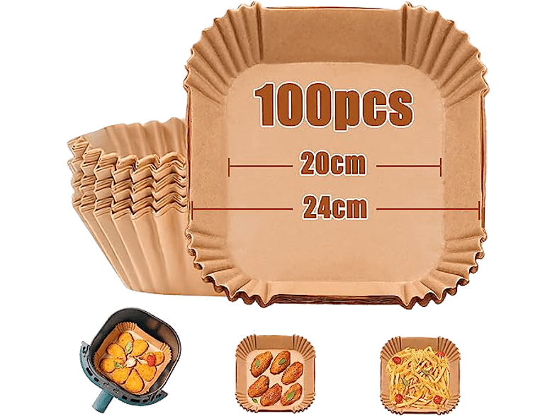 NK Papel Airfryer Cuadrado 20 cm Papel 100 % natural 100 piezas Marrón