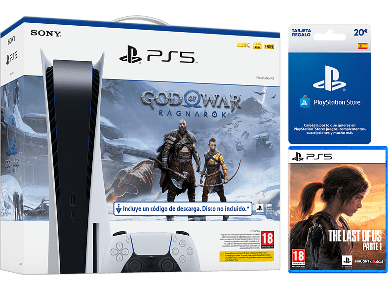 Sony PS5 Stand C 825GB 4K Blanco + Juego God Of War: Ragnarok (código descarga) + Juego The Last Of Us: Parte 1 + Tarjeta 20€ PS Store