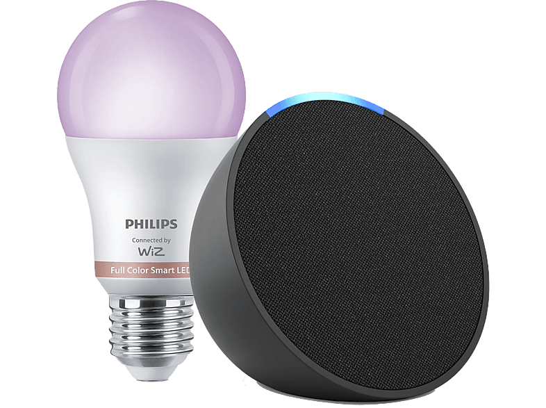 Pack de Echo Pop Altavoz inteligente con Alexa Antracita + Bombilla inteligente Philips Smart LED 8,5 W (Eq. 60 W) A60 E27 Luz Blanca y Colores