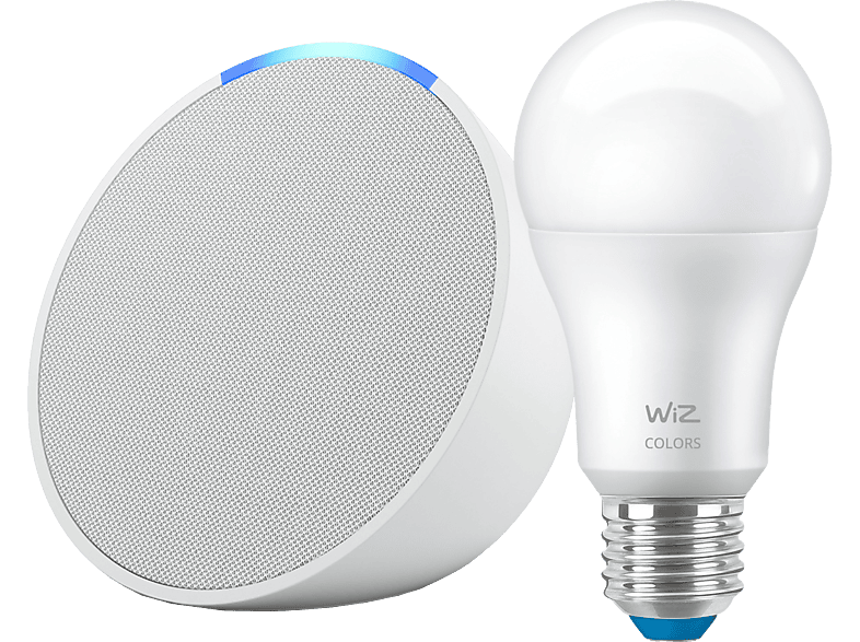 Amazon Echo Pop + Bombilla Wiz Bluetooth con Alexa de Sonido Potente y Compacto Blanco