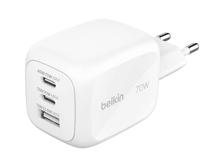 Belkin BoostCharge Pro 3-Port GaN Universal 3 Puertos 70 W USB-C y USB-A Blanco