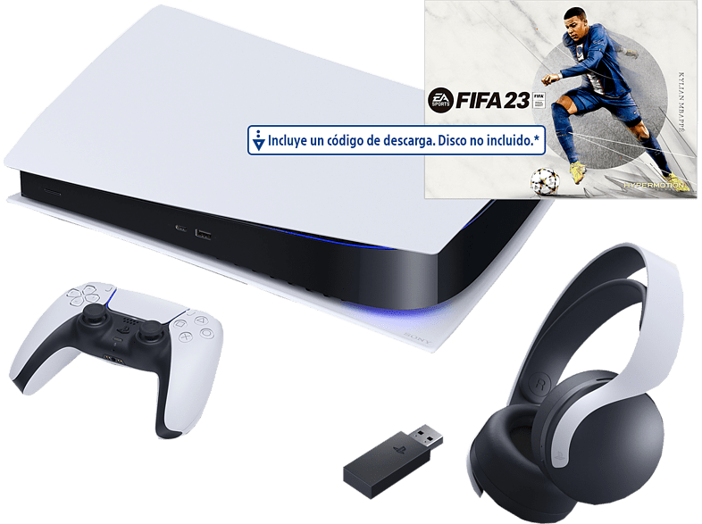 Sony PS5 Digital Edition C 825GB 4K HDR Blanco + Auriculares gaming Pulse 3D + Juego FIFA 23 (Código de descarga)